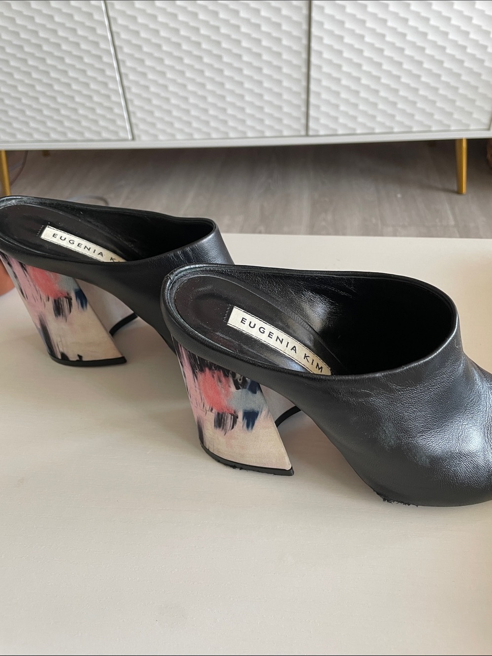 Eugenia Kim Black Leather Mules with Multicolor Painted Heels